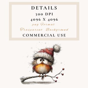 May include: A watercolor illustration of a small bird perched on a snow-covered branch. The bird wears a red and white Santa hat and has large, expressive eyes. The image includes the text "DETAILS" and "COMMERCIAL USE".