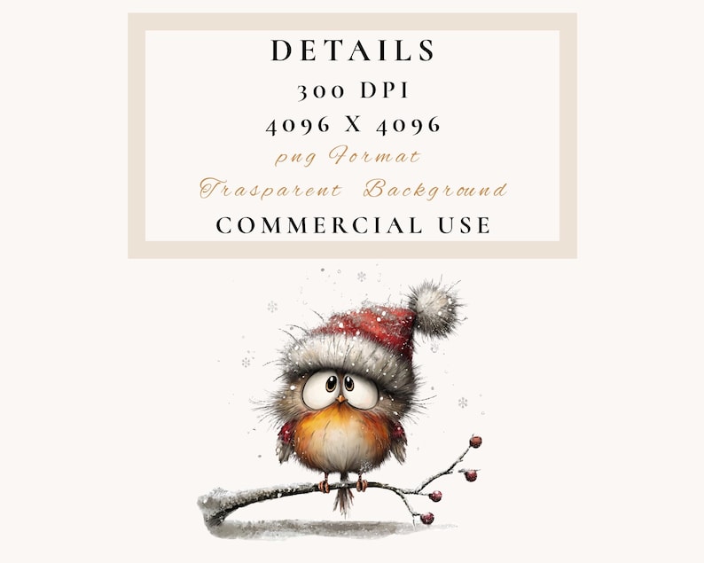 May include: A watercolor illustration of a small bird perched on a snow-covered branch. The bird wears a red and white Santa hat and has large, expressive eyes. The image includes the text "DETAILS" and "COMMERCIAL USE".