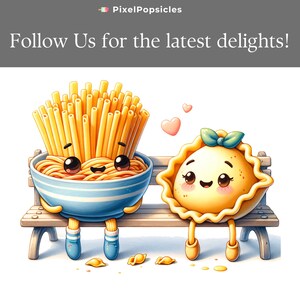 May include: A cartoon illustration of a bowl of spaghetti and a pastry sitting on a wooden bench. The spaghetti has a cute face and is wearing blue socks and shoes. The pastry has a cute face and is wearing a green bow. The background is white.