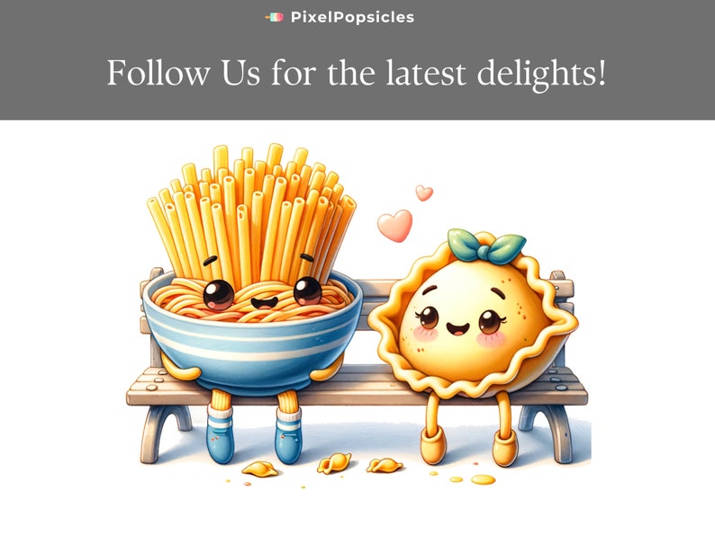 May include: A cartoon illustration of a bowl of spaghetti and a pastry sitting on a wooden bench. The spaghetti has a cute face and is wearing blue socks and shoes. The pastry has a cute face and is wearing a green bow. The background is white.