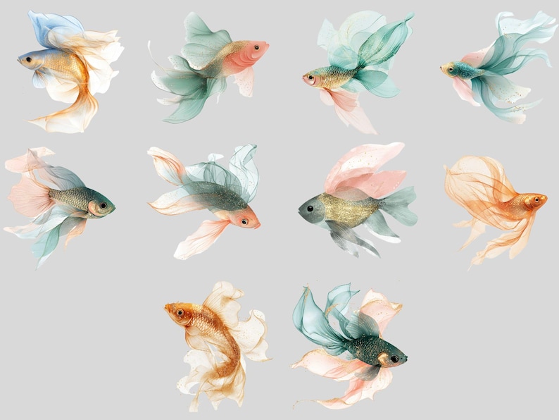 K&ouml;nnte beinhalten: Zehn Aquarellbilder von Betta-Fischen mit flie&szlig;enden Flossen in verschiedenen Farben, darunter Blau, Gr&uuml;n, Rosa, Orange und Gold.