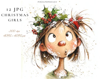Puede incluir: Ilustración de una niña de dibujos animados con cabello castaño, pecas y una nariz roja, adornada con una corona de acebo y bayas. La imagen incluye el texto "12 JPG CHRISTMAS GIRLS" y "300 dpi 4096 x 4096 px".