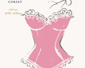 Pink Corset Clipart Lingerie Illustration PNG Graphics Digital Download Watercolor Art