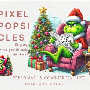 Grinch Christmas PNG, Watercolor Villain Clipart, Festive Holiday Graphics