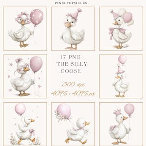 May include: A set of watercolour illustrations depicting a white goose in different scenarios, wearing party hats, glasses, and bows. The goose is holding pink balloons, with the text "17 PNG THE SILLY GOOSE 300 dpi 4096 x 4096 px" in the centre.