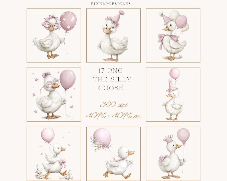 May include: A set of watercolour illustrations depicting a white goose in different scenarios, wearing party hats, glasses, and bows. The goose is holding pink balloons, with the text "17 PNG THE SILLY GOOSE 300 dpi 4096 x 4096 px" in the centre.