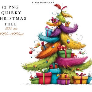 May include: A colourful illustration of a quirky Christmas tree, decorated with presents in shades of red, green, blue, and yellow. The image features the text "12 PNG Quirky Christmas Tree 300 dpi 4096 x 4096 px". The tree's branches are in shades of green, orange, and purple.