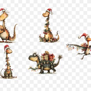 May include: A whimsical illustration featuring five dinosaurs adorned with Christmas decorations. Each dinosaur wears a Santa hat and is decorated with garlands and gifts. The dinosaurs are in various poses, creating a festive holiday scene.