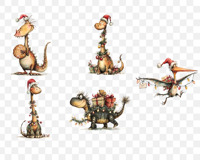 May include: A whimsical illustration featuring five dinosaurs adorned with Christmas decorations. Each dinosaur wears a Santa hat and is decorated with garlands and gifts. The dinosaurs are in various poses, creating a festive holiday scene.