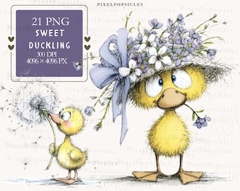 Imágenes prediseñadas PNG de patitos bebés, patos florales de primavera, narcisos en acuarela, arte infantil de Pascua