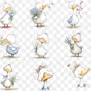 May include: Watercolor illustrations of adorable white ducks holding bouquets of flowers. Each duck has a yellow beak and red feet. Some ducks wear blue bows or have flower crowns. The artwork has a soft, whimsical style, perfect for nursery decor or greeting cards.