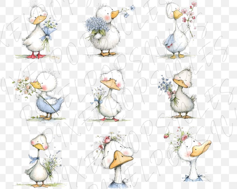 May include: Watercolor illustrations of adorable white ducks holding bouquets of flowers. Each duck has a yellow beak and red feet. Some ducks wear blue bows or have flower crowns. The artwork has a soft, whimsical style, perfect for nursery decor or greeting cards.