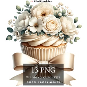 13 Watercolor Wedding Cupcake Clipart, Floral Birthday Cake PNG, Digital Image Downloads, Card Making Scrapbook Junk Journal Paper Crafts