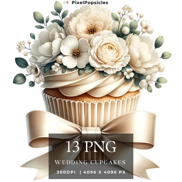 13 Watercolor Wedding Cupcake Clipart, Floral Birthday Cake PNG, Digital Image Downloads, Card Making Scrapbook Junk Journal Paper Crafts