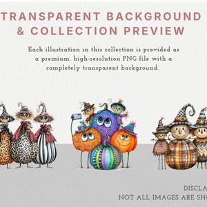 May include: A digital collection of Halloween-themed illustrations featuring three groups of whimsical characters. The images include scarecrows, pumpkins, and witches with various patterns and colours, presented as high-resolution PNG files.