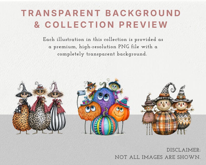 May include: A digital collection of Halloween-themed illustrations featuring three groups of whimsical characters. The images include scarecrows, pumpkins, and witches with various patterns and colours, presented as high-resolution PNG files.