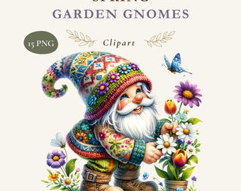 Spring Garden Gnome Clipart, Floral Watercolor PNGs