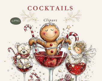 Christmas Wine Clipart, Watercolor Holiday Cocktail PNG Bundle
