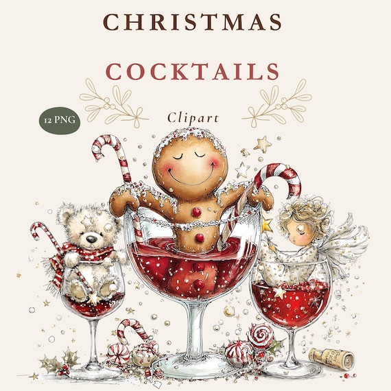 Christmas Wine Clipart, Watercolor Holiday Cocktail PNG Bundle
