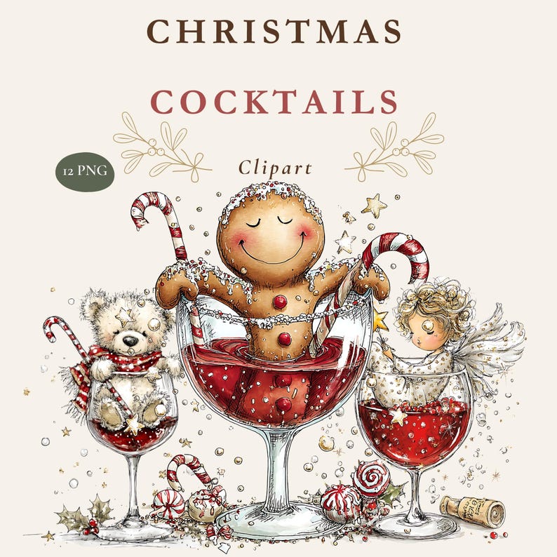 Peut inclure: Illustration num&eacute;rique intitul&eacute;e CHRISTMAS COCKTAILS Clipart avec 12 fichiers PNG. Elle repr&eacute;sente un bonhomme en pain d'&eacute;pices, un ours en peluche et un ange assis dans de grands verres &agrave; vin remplis de liquide rouge, orn&eacute;s de sucres d'orge.