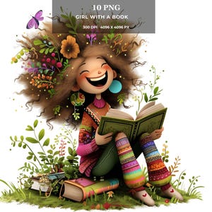 Clipart meisje met een boek – grillige lezing PNG, gezellige literaire digitale kunst voor kaarten, stickers, T-shirts, sublimatie en print on demand