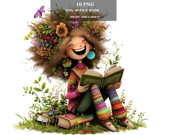 Girl Reading Clipart: Whimsical Book Lover PNG (Digital Art)