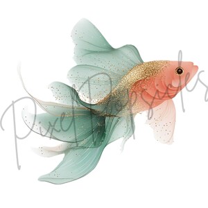 K&ouml;nnte beinhalten: Eine Aquarell-Illustration eines Goldfisches mit einem t&uuml;rkisfarbenen und goldenen Schwanz und einem rosafarbenen K&ouml;rper. Der Fisch schwimmt nach rechts.