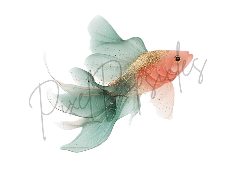 K&ouml;nnte beinhalten: Eine Aquarell-Illustration eines Goldfisches mit einem t&uuml;rkisfarbenen und goldenen Schwanz und einem rosafarbenen K&ouml;rper. Der Fisch schwimmt nach rechts.