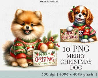 Immagini clipart di cani per Natale, 10 illustrazioni PNG di Pomeranian Spaniel