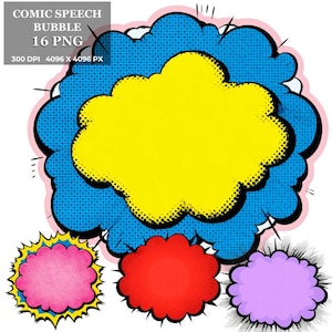 Pop Art Sprechblase Clipart: 16 Bunte Comic-Buch PNG Rahmen (Digitaler Download)