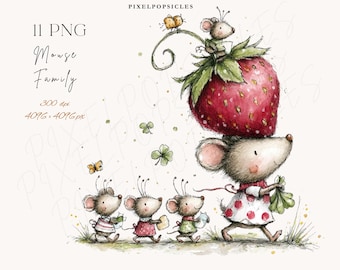 Puede incluir: Ilustración en acuarela de una familia de ratones. Una gran fresa se equilibra sobre la cabeza de un ratón, con un ratón más pequeño encima. Otros tres ratones siguen, cada uno llevando objetos. Incluye el texto "Mouse Family".