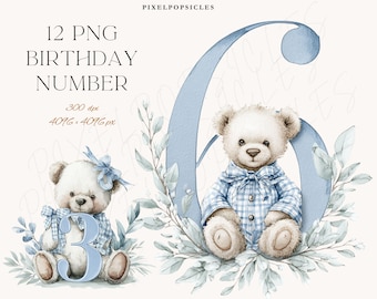 May include: Watercolor illustration featuring a teddy bear wearing a blue plaid shirt and bow tie, next to a large blue number 6. The image includes the text "12 PNG BIRTHDAY NUMBER" and a smaller teddy bear holding the number 3.