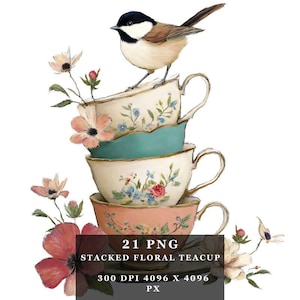 Stacked Floral Teacup Clipart Bundle - 24 Aquarell PNGs mit Vögeln und Blumen - Vintage Teetasse Illustrationen Karten, Journals Wandkunst