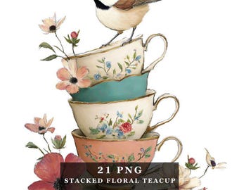 Watercolor Floral Teacup Clipart: Stacked Vintage Cups with Birds PNG Digital Download