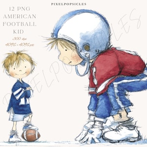 Puede incluir: Ilustración en acuarela de dos niños con atuendo de fútbol americano. Uno está de pie con los brazos cruzados, el otro agachado. La imagen incluye el texto: "12 PNG AMERICAN FOOTBALL KID".