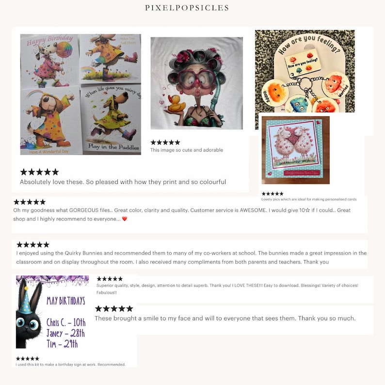 Puede incluir: Una colecci&oacute;n de tarjetas de felicitaci&oacute;n y grabados de arte digital coloridos. Las tarjetas presentan ilustraciones caprichosas de animales y personajes, con texto como "Happy Birthday" y "Play in the Puddles". Tambi&eacute;n se incluyen llaveros y un letrero de cumplea&ntilde;os.