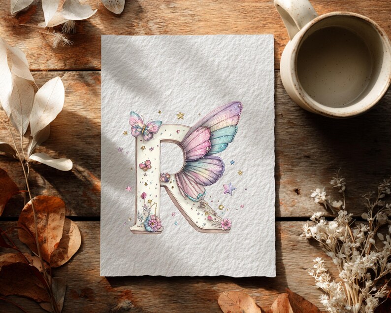 May include: Watercolor illustration of the letter "R" adorned with a butterfly wing design in pastel colors. The letter is decorated with butterflies, stars, and floral accents. The artwork is on textured paper, with a mug and dried flowers in the background.