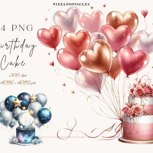 Birthday Cake and Balloons Clipart, Watercolor Celebration PNG Bundle image 1