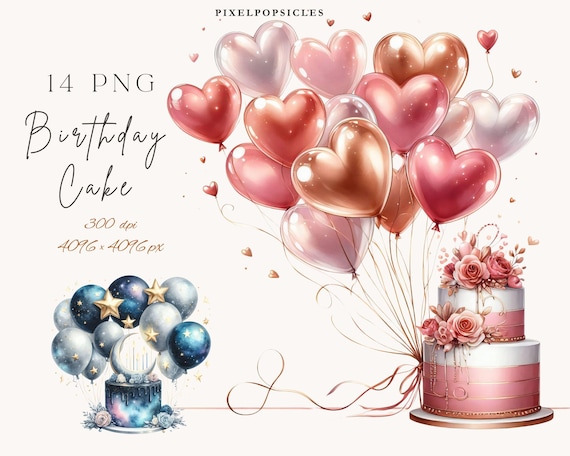 Birthday Cake & Balloons Clipart: Celebration Digital Art (Png Bundle)