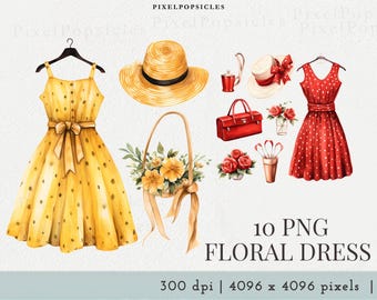 花柄ドレスのイラスト、ファッションガールのクリップアート、衣装PNG、洋服、プランナーのクリップアート、商用利用