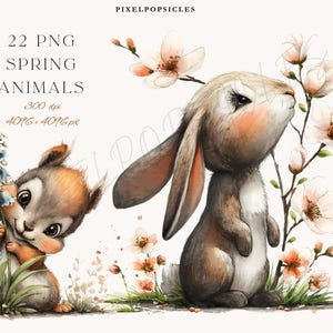 May include: Watercolor illustration featuring a brown bunny and a squirrel with spring flowers. The bunny stands near a flowering branch, while the squirrel peeks from behind bluebell flowers. Text at the top reads "22 PNG SPRING ANIMALS 300 dpi 4096 x 4096 px".