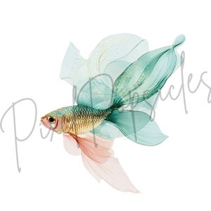 K&ouml;nnte beinhalten: Ein Aquarellbild eines t&uuml;rkisfarbenen und goldenen Fisches mit einer rosa Schwanzflosse. Der Fisch ist mit einem flie&szlig;enden, abstrakten Design dargestellt.