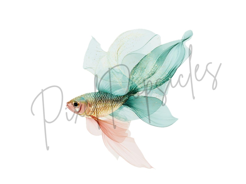K&ouml;nnte beinhalten: Ein Aquarellbild eines t&uuml;rkisfarbenen und goldenen Fisches mit einer rosa Schwanzflosse. Der Fisch ist mit einem flie&szlig;enden, abstrakten Design dargestellt.