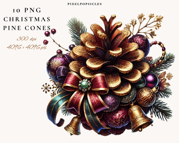 水彩画風松ぼっくりクリップアート：クリスマス植物画（デジタル