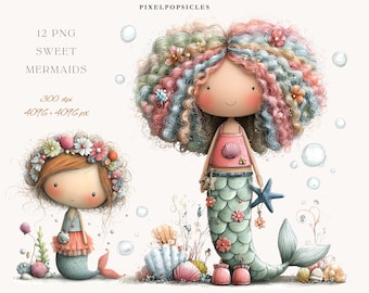 Mermaid Clipart – Whimsical Fantasy png, Adorable Ocean Digital Art for Cards, Stickers,