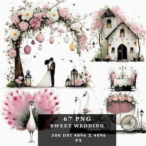 Könnte beinhalten: Aquarellillustration mit Hochzeitselementen. Ein Paar umarmt sich unter einem Blumenbogen mit hängenden Laternen. Eine Kirche, ein Pfau, Schwäne und eine Tischdekoration sind ebenfalls dargestellt. Die Farbpalette umfasst Rosa, Weiß und Grün.