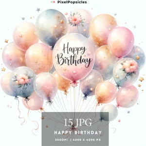 Coleção de Feliz Aniversário em Aquarela JPG, perfeita para cartões de aniversário, convites, presentes, decoração, download instantâneo, uso comercial