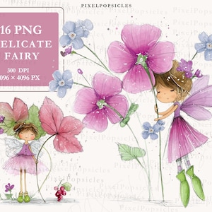 May include: Watercolor illustration of two fairies with purple wings and dresses, holding flowers. The image includes pink and blue flowers, and the text "16 PNG DELICATE FAIRY". The fairies are depicted in a whimsical style.