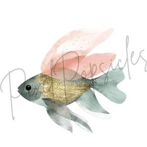 K&ouml;nnte beinhalten: Eine Aquarell-Illustration eines blauen und goldenen Fisches mit rosa Flossen. Der Fisch hat einen glitzernden goldenen K&ouml;rper und einen hellblauen Schwanz.