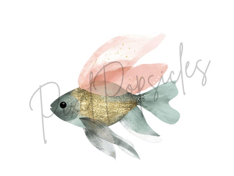 K&ouml;nnte beinhalten: Eine Aquarell-Illustration eines blauen und goldenen Fisches mit rosa Flossen. Der Fisch hat einen glitzernden goldenen K&ouml;rper und einen hellblauen Schwanz.